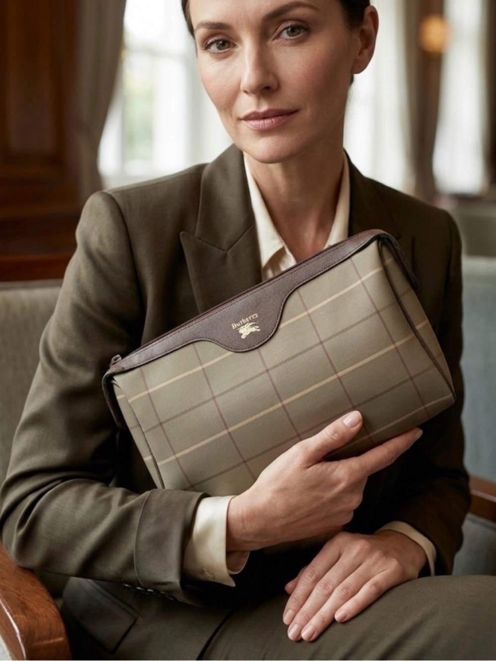 Burberry Olive Green Plaid Leather-Trim Toiletry Pouch
